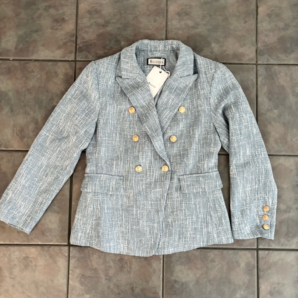 Elleven Textured Blue Blazer with Gold Buttons